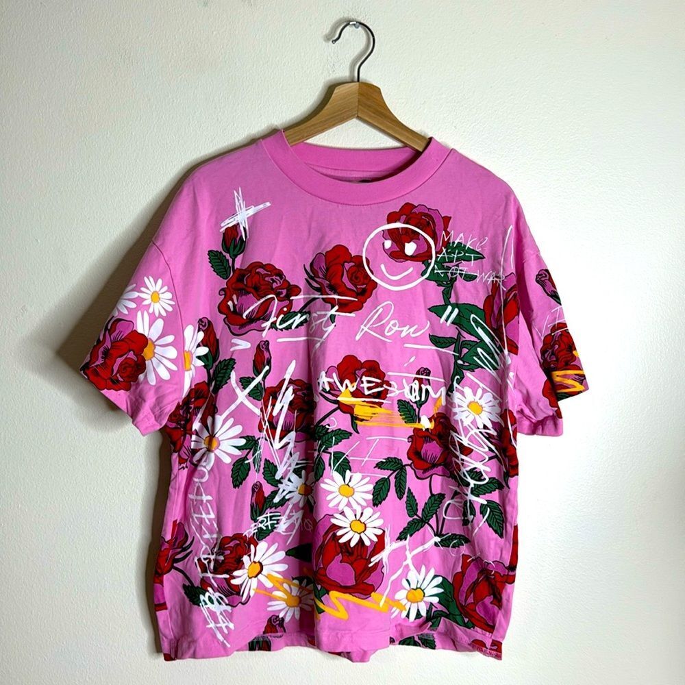 First row colorful floral roses‎ daisy pink shirt size large